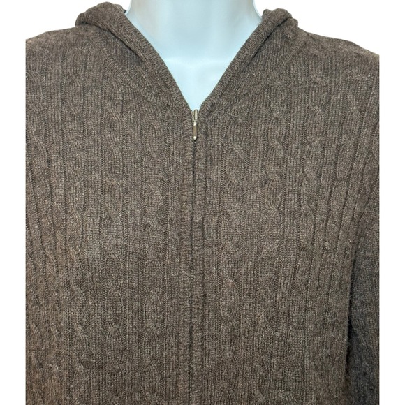 LL Bean Womens M-Reg Cable Knit Full Zip Hooded Sweater Brown Lambs' Wool Blend - Picture 4 of 8